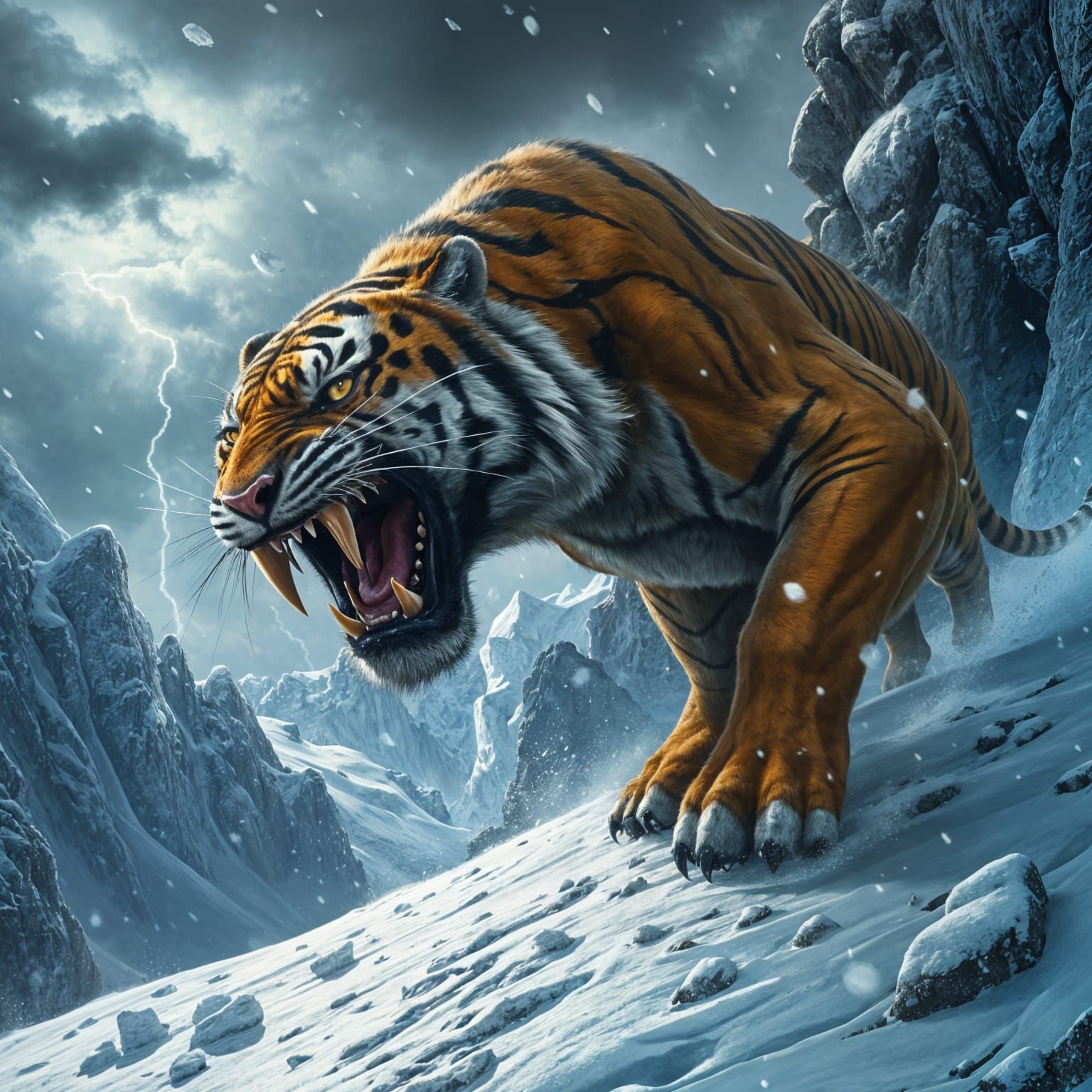 Fierce Sabretooth Tiger in Snowy Landscape