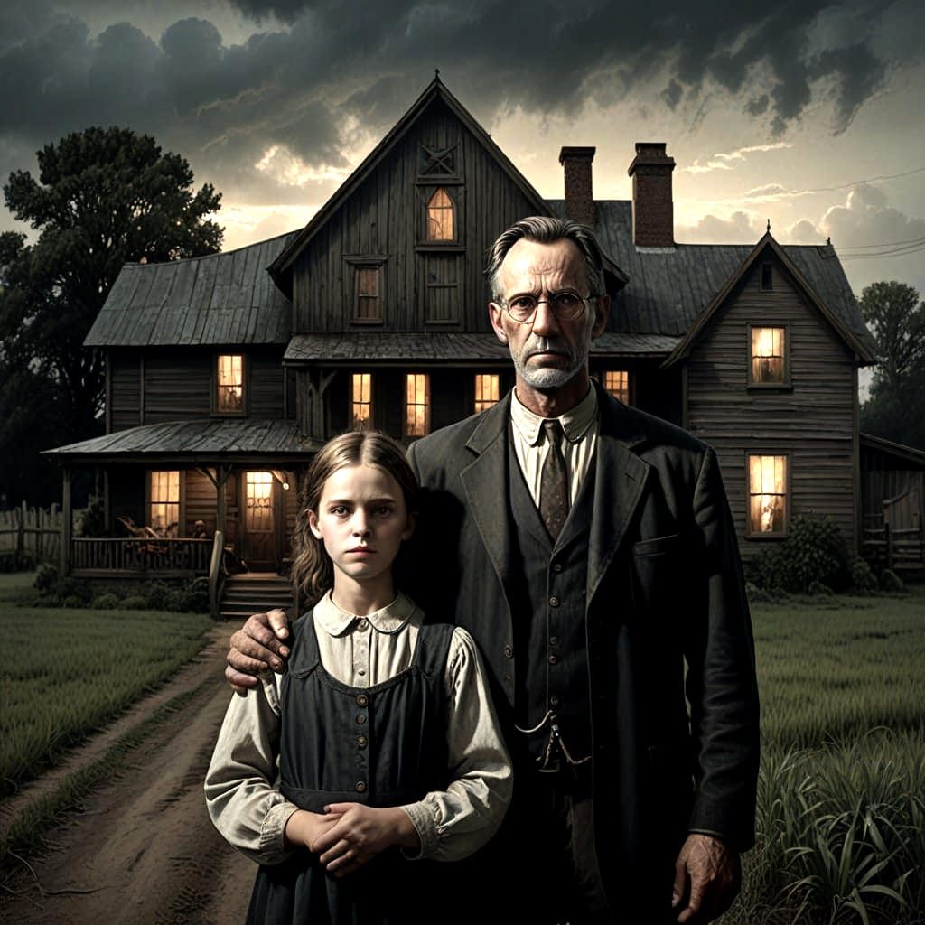 Realistic American Gothic Farmhouse Scene