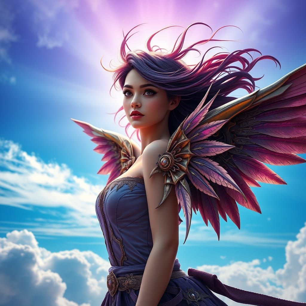 Heroic Woman with Mechanical Wings in Vibrant Radial Sky