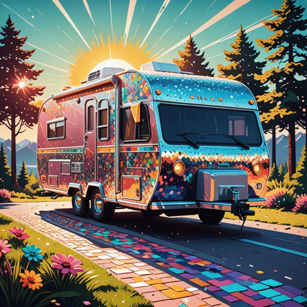 Retro Futuristic Sequined Camper Radiating Sunshine