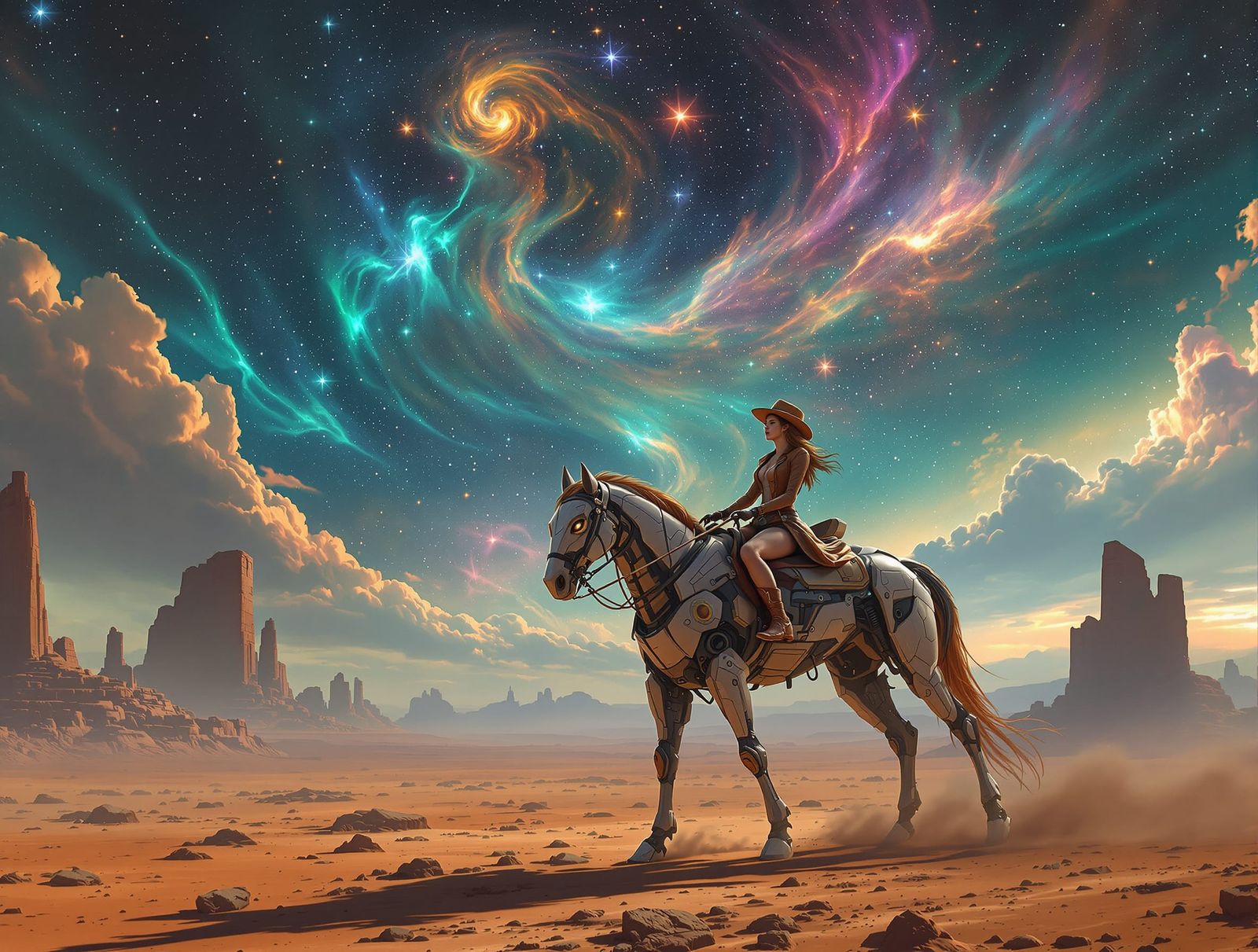 Cowgirl Rides Robotic Steed Through Alien Desert