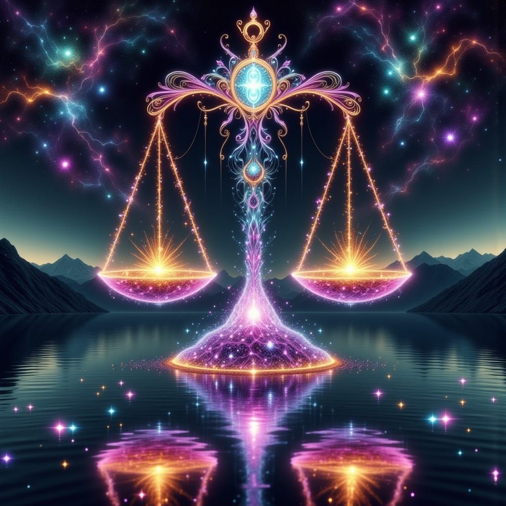 Libra Scales Cosmic Illustration in Pablo Amaringo Style
