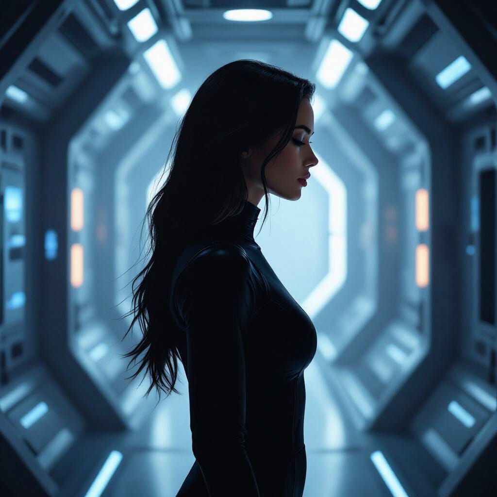 Woman in Spaceship Corridor Digital Painting