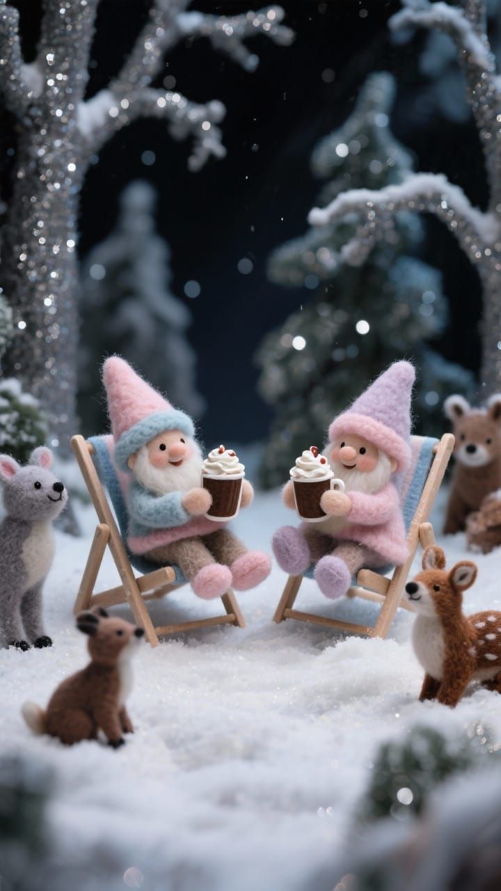 Felted Gnomes Enjoy Hot Chocolate in Snowy Diorama