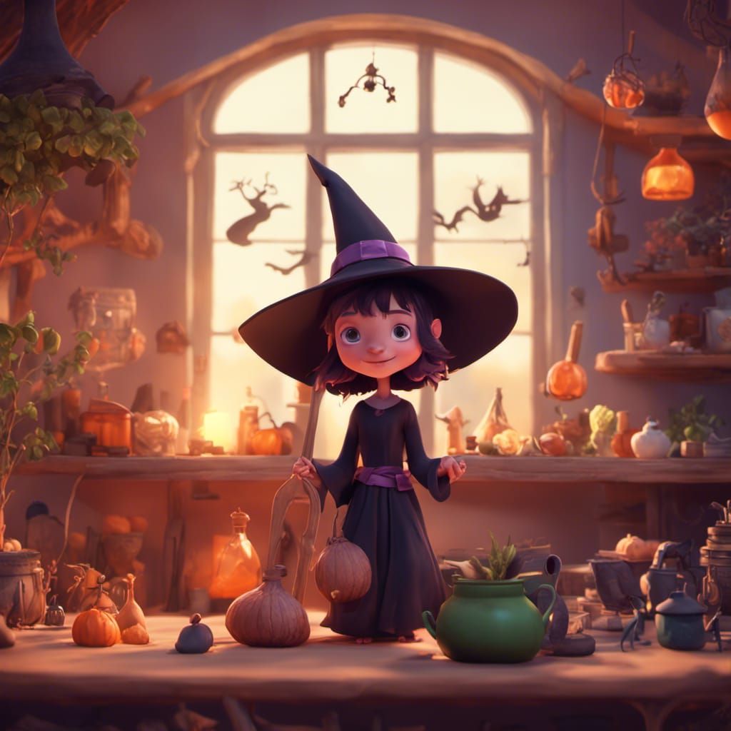 Adorable Witch in Her Home: 3D Digital Art