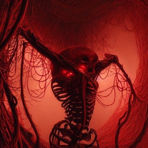 Skeleton Wrapped in Red Vines: Horror Art