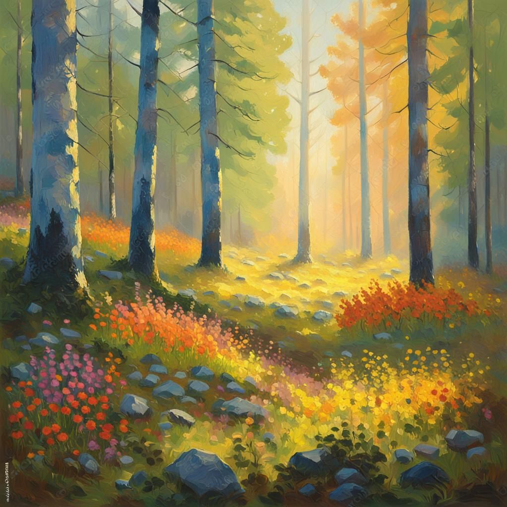 Norwegian Forest: Fauvist Oil Painting with Mist