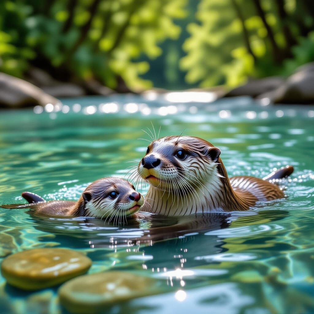 Mother Otter and Pup Swim in Clear River