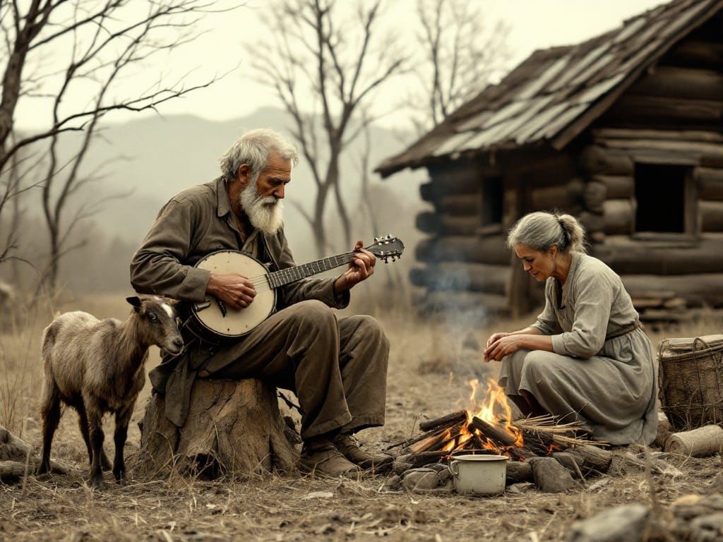 Weathered Gentleman Plays Banjo Under Appalachian Sunset