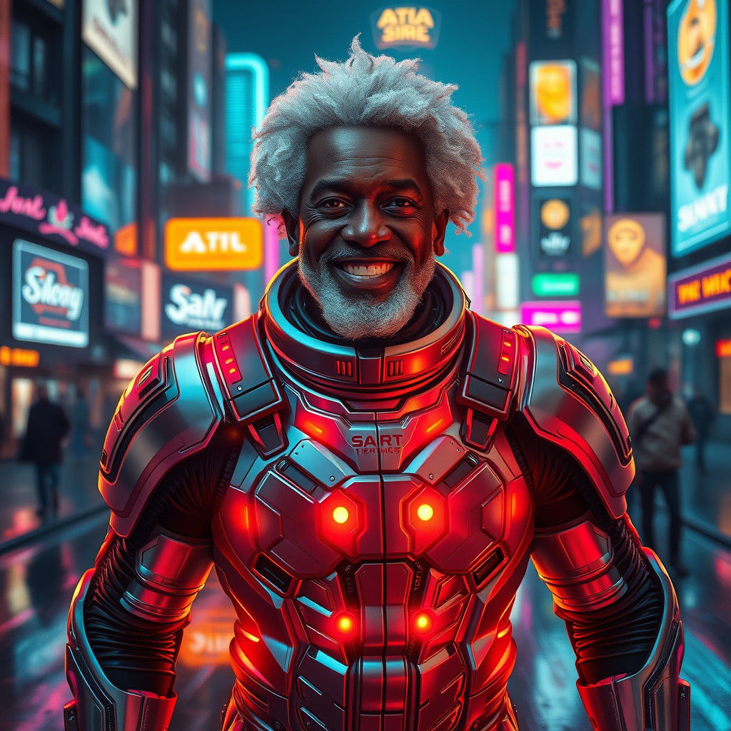 Futuristic Saint Moses in Cyberpunk Cityscape