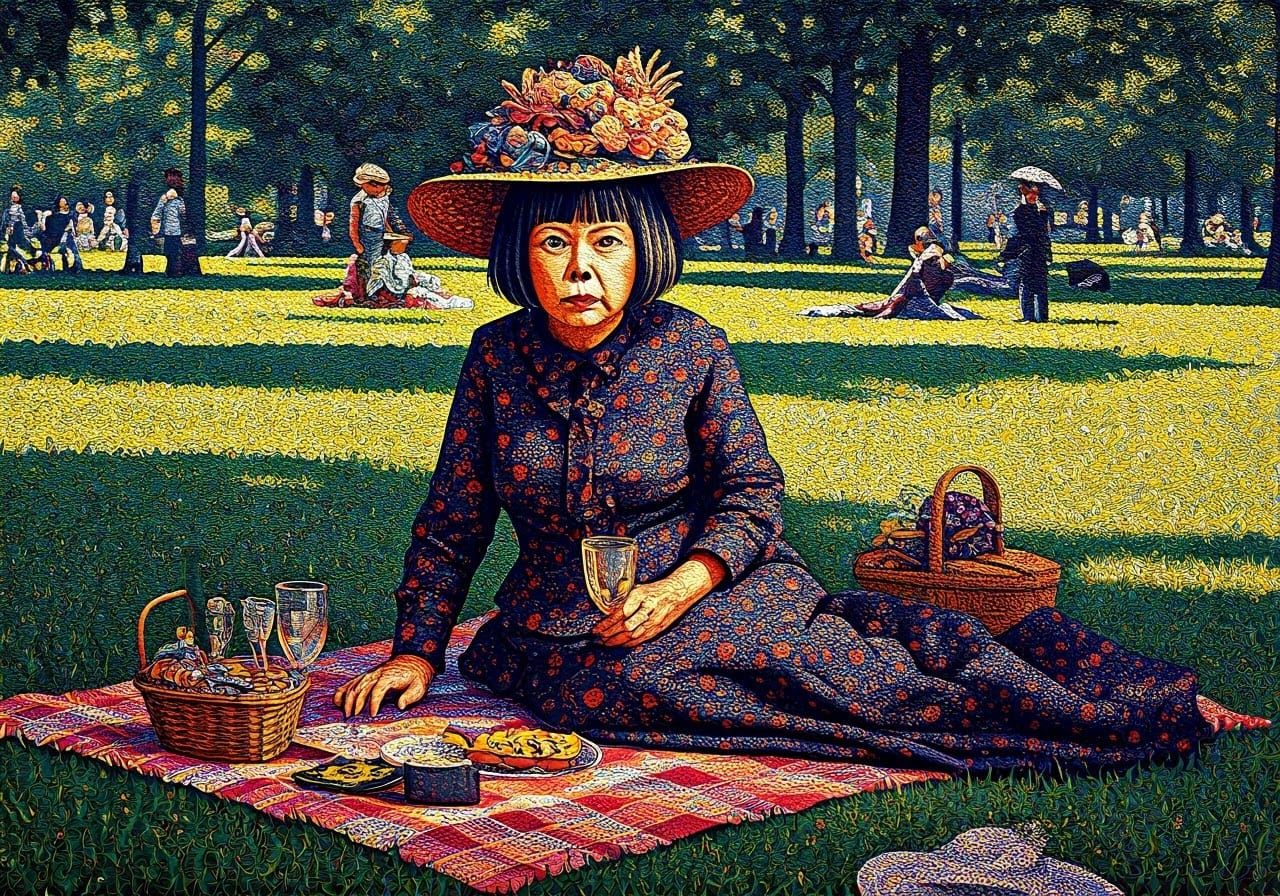 Pointillist painting of Yayoi Kusama in Victorian dress on La Grande Jatte