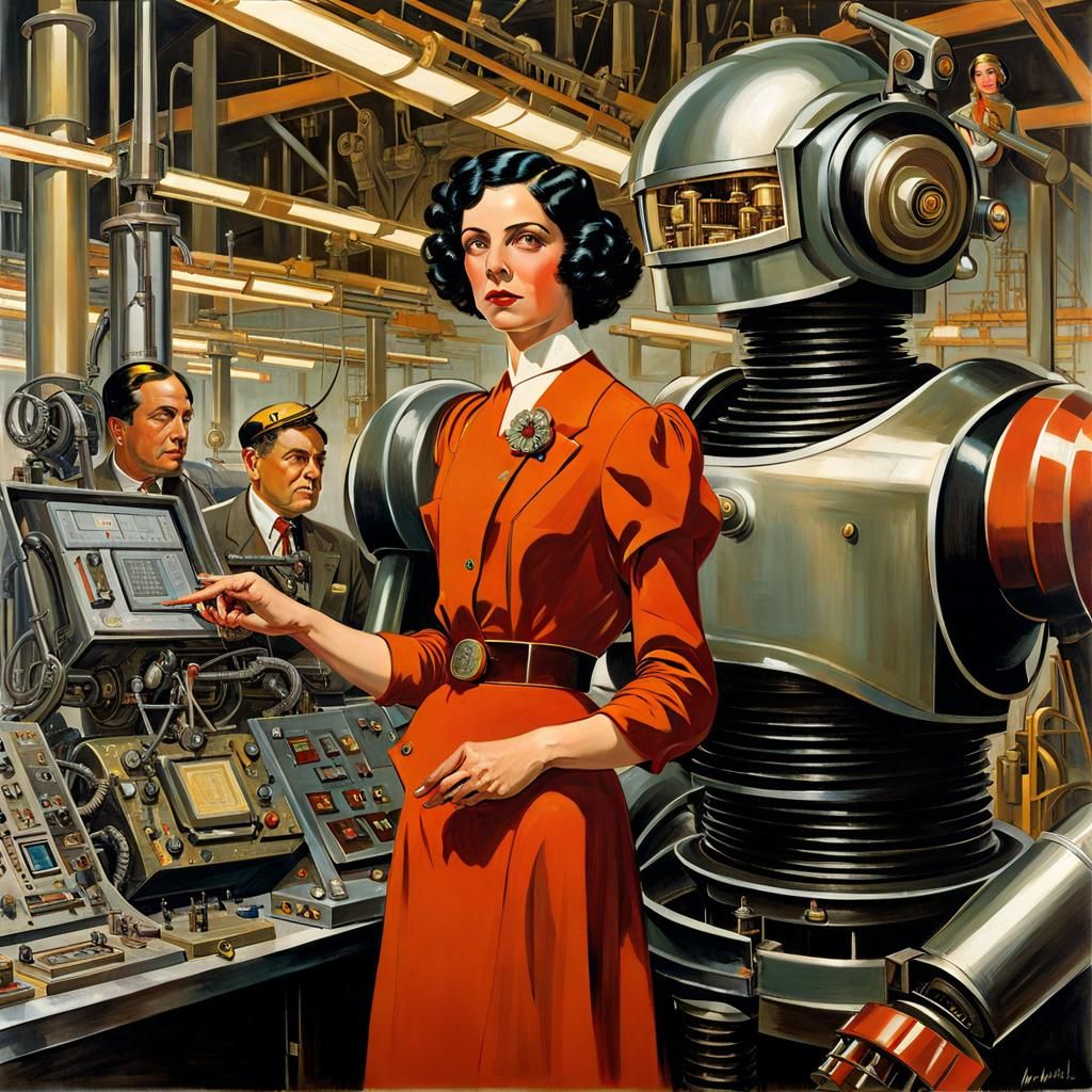 Soviet Woman in Robot Factory, Futuristic Art Deco Style