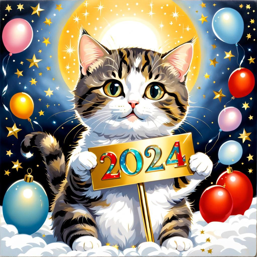 Festive Cat Celebrates New Year 2024