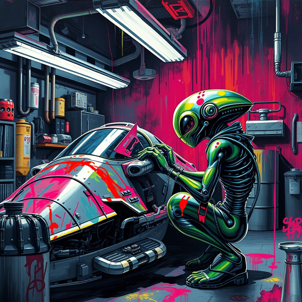 Alien Mechanic Repairs Spaceship in Cyberpunk Garage