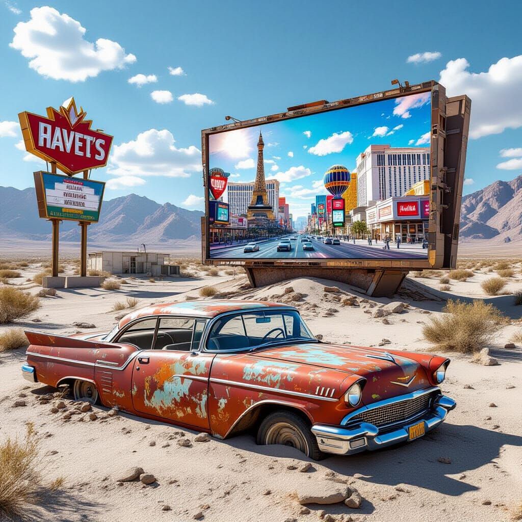Abandoned Car in Desert with Futuristic Screen