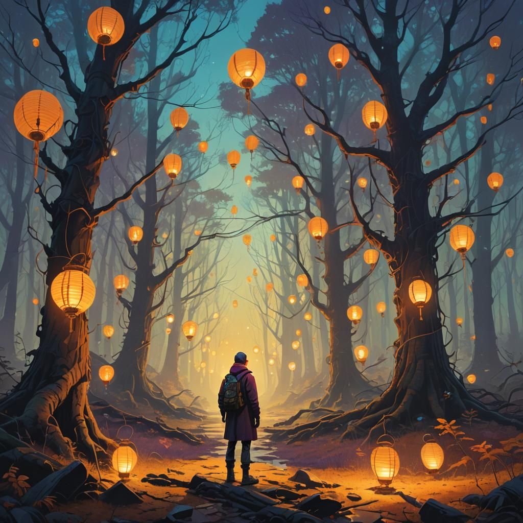 Nostalgic Figure in Mystical Forest: Fantasy Concept Art