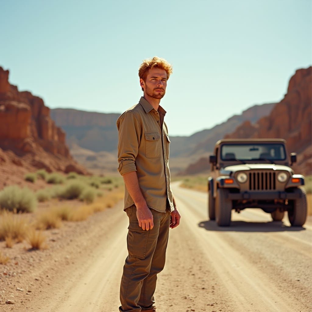 Man in Badlands with Jeep, Hyperrealistic Photo