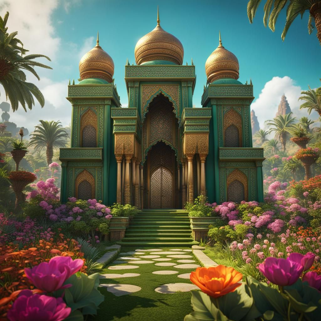 Moroccan Temple on Lush Island, Detailed Matte Painting