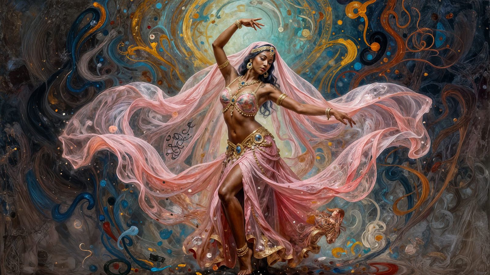 Ethereal Belly Dancer in Dynamic Pose with Pink Veils