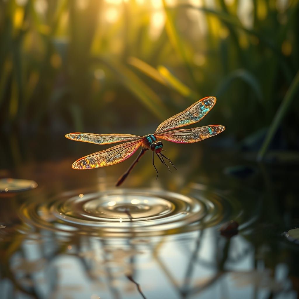 Iridescent Dragonfly Skims Shimmering Pond in Hyperrealistic...