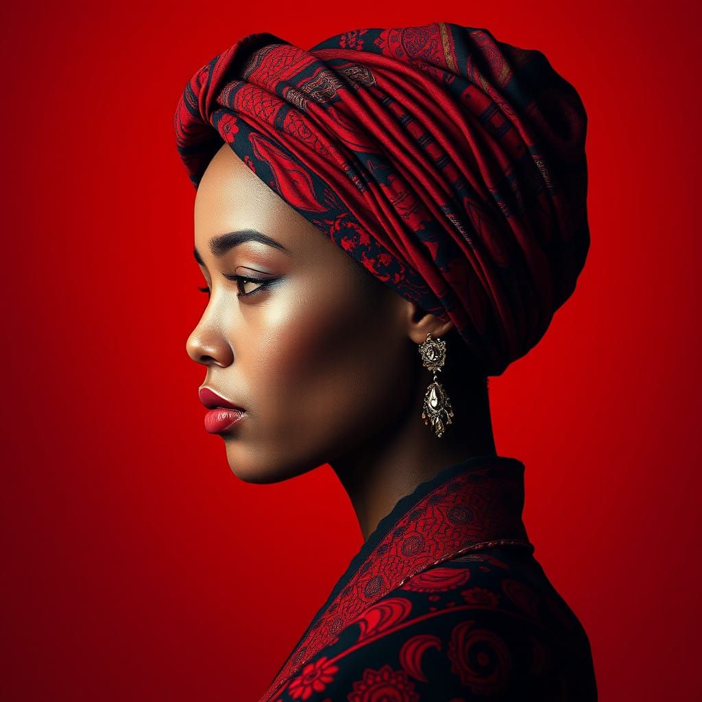 Realistic Woman's Portrait in Red and Black Patterns