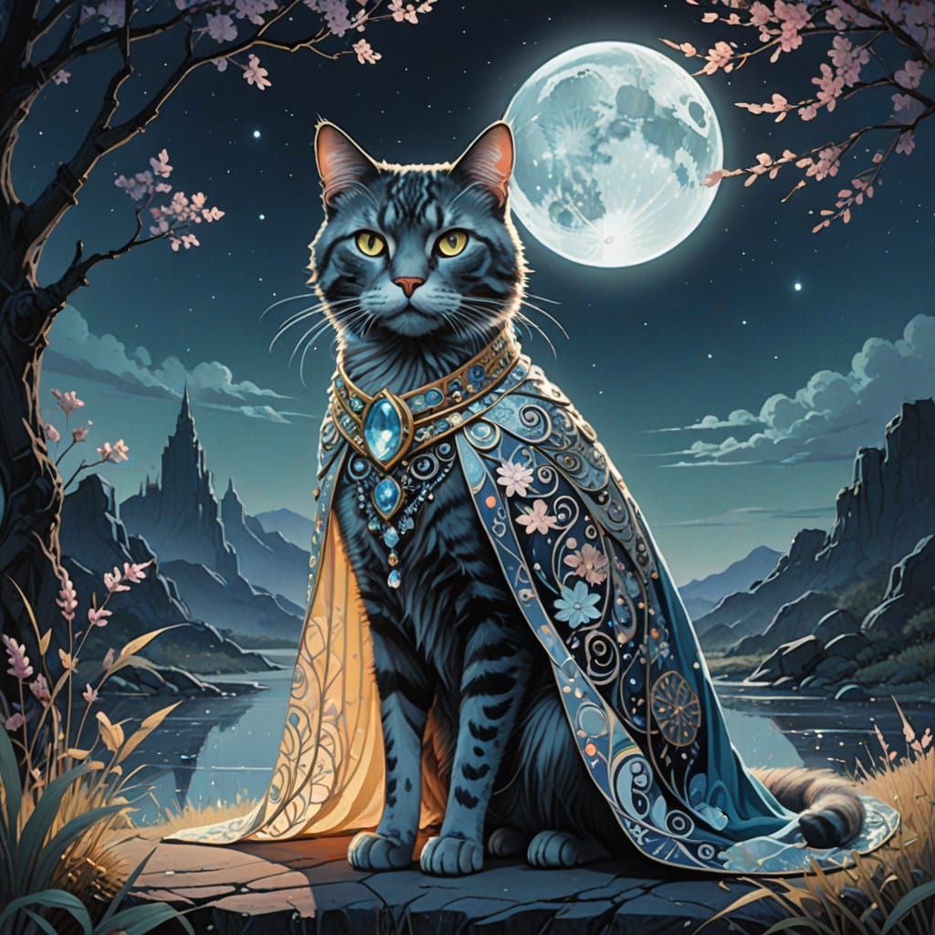 A whimsical feline creature bathed in soft, ethereal moonlight, its slender body draped in a flowing, mystical cape with...