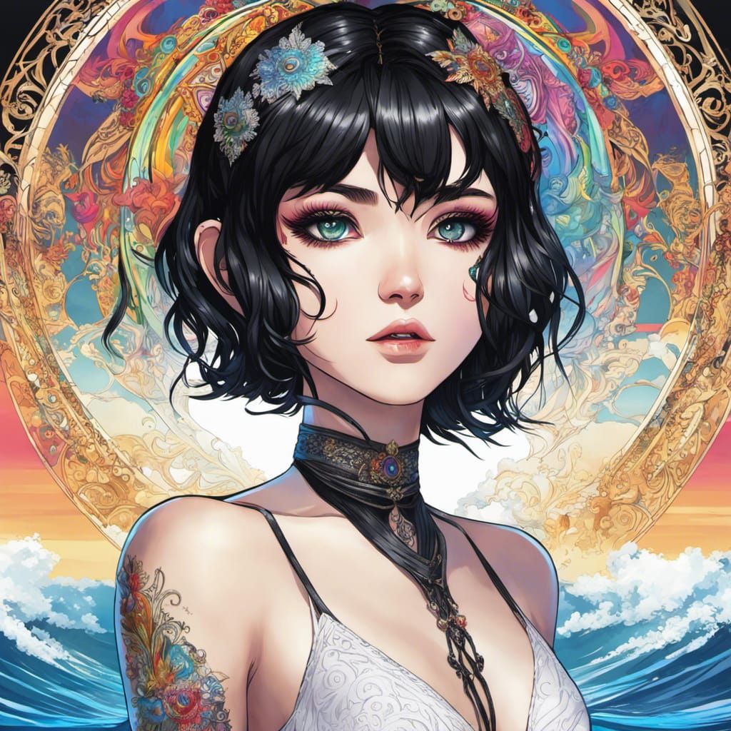 Goth Girl Portrait with Rainbow Eyes in Anime Style