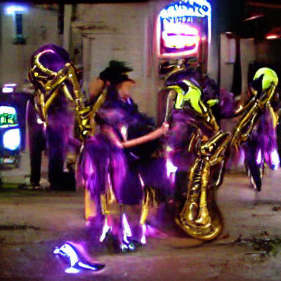 Neon Dancers and Alien Bartender in Purple and Gold