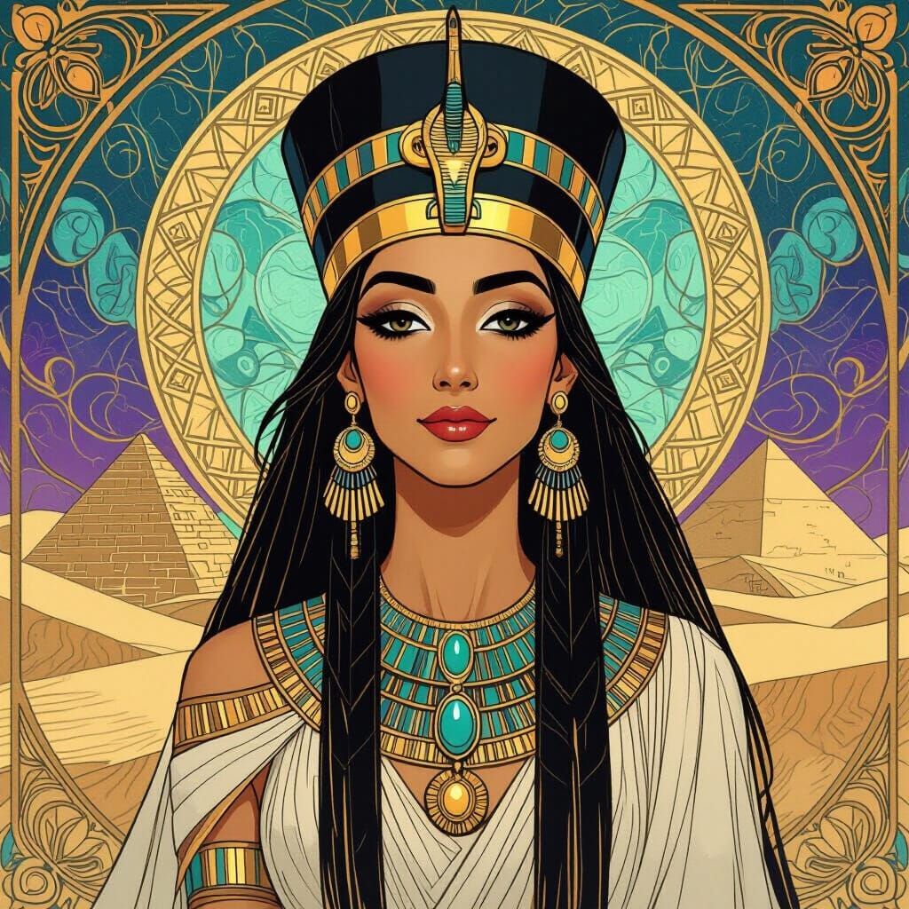 Egyptian Queen with Ornate Headdress in Art Nouveau Style