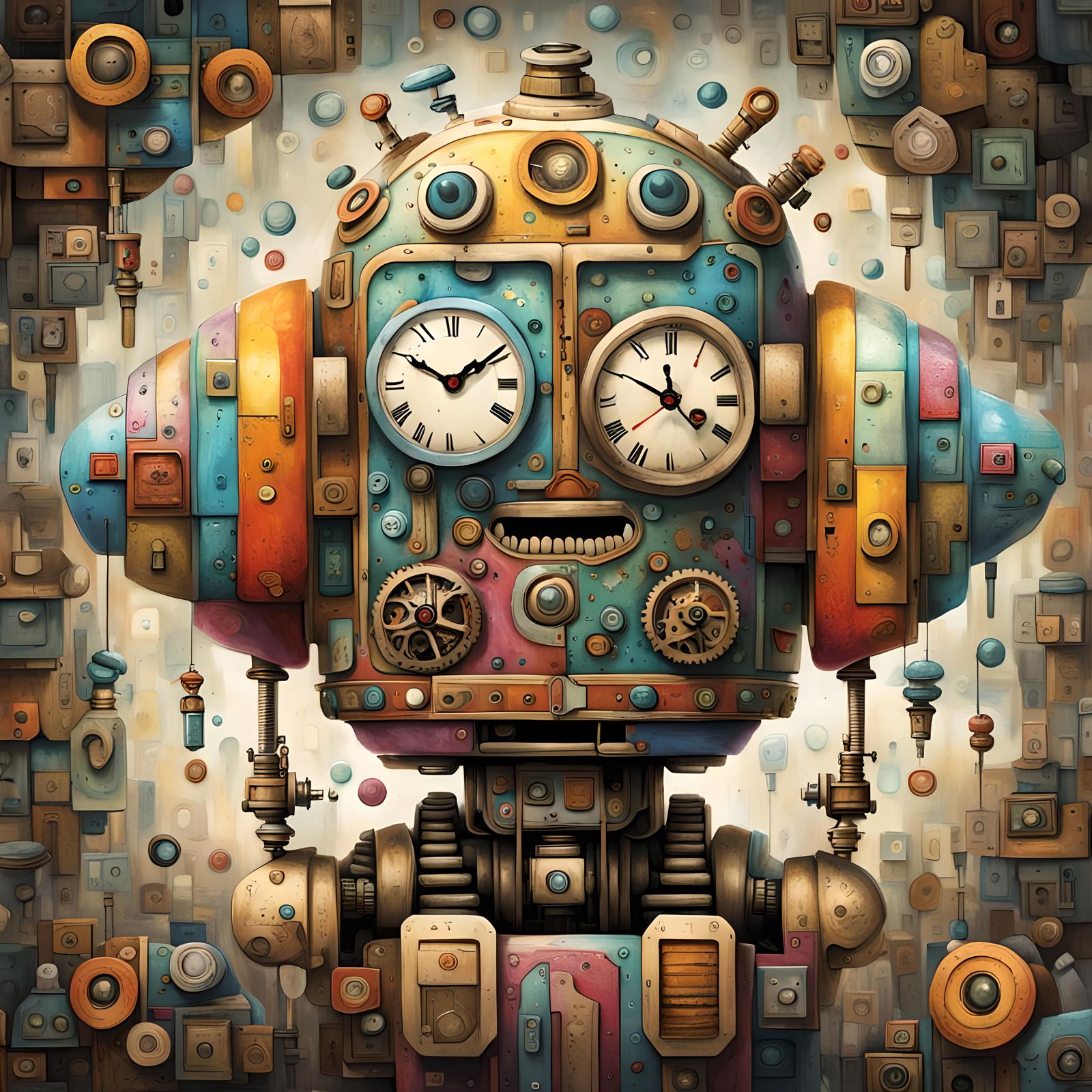 Surreal Robot Head with Melting Clock Face