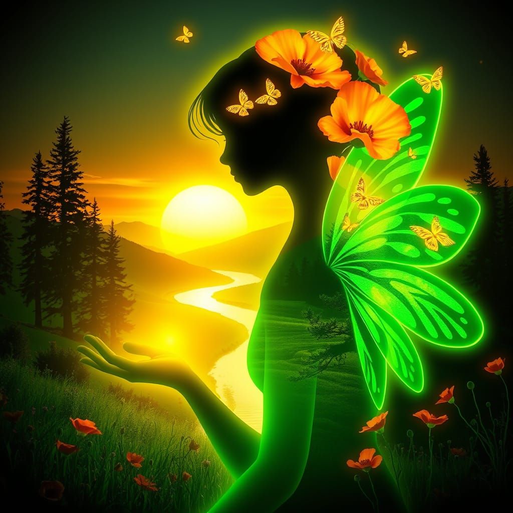 Radiant Fairy Silhouette with Sunset Landscape