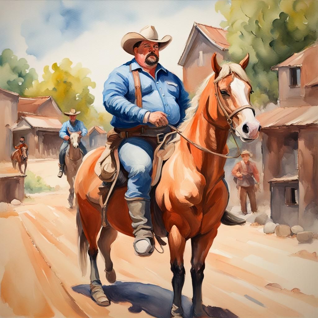 Humorous Scene: Fat Man on Horse, Gouache Style