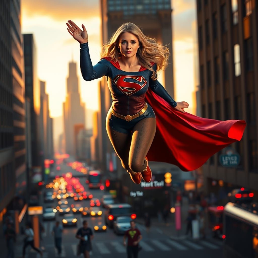 Supergirl Floats Above Bustling New York Street in Hyperreal...
