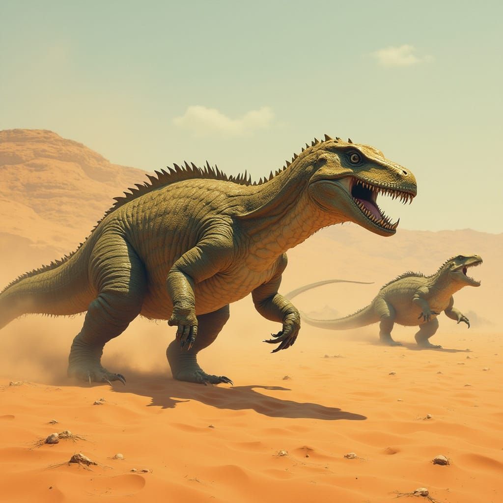 Surreal Desert Landscape with Prehistoric Reptiles in a Dist...