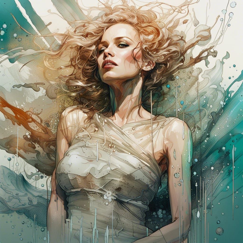 Gorgeous Woman in Water: Hyperrealistic Gouache Illustration