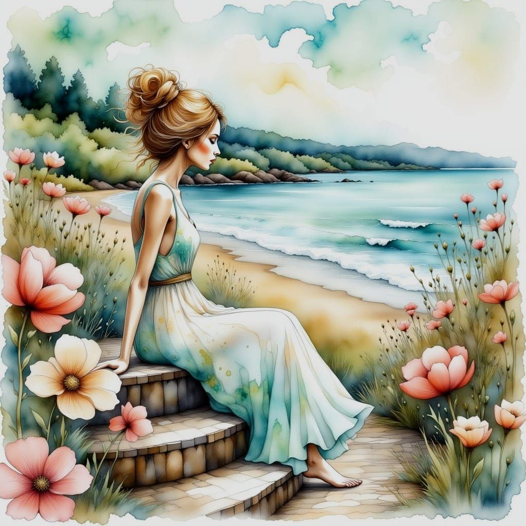 Serenely Seated Woman Amidst Whimsical Beach Blooms in Water...
