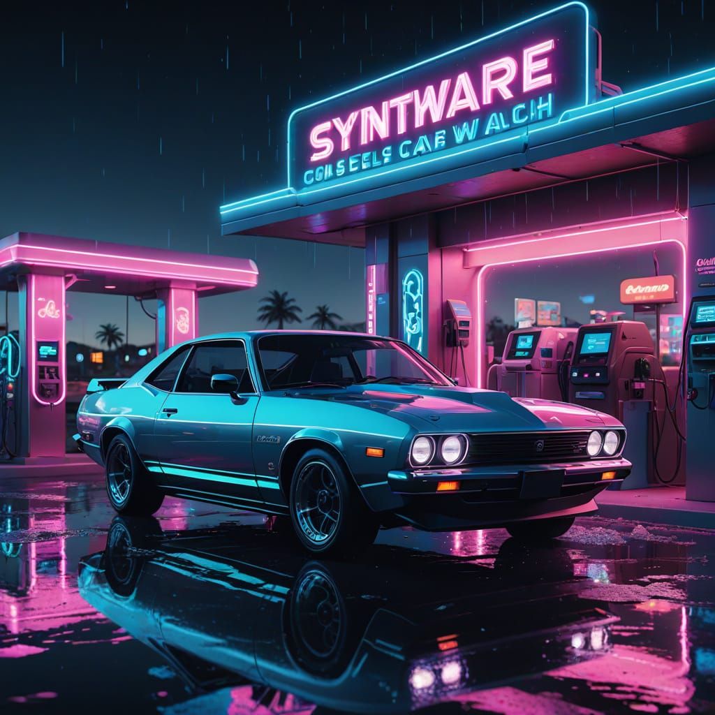 Futuristic Car Wash Station in Neon Synthwave Style