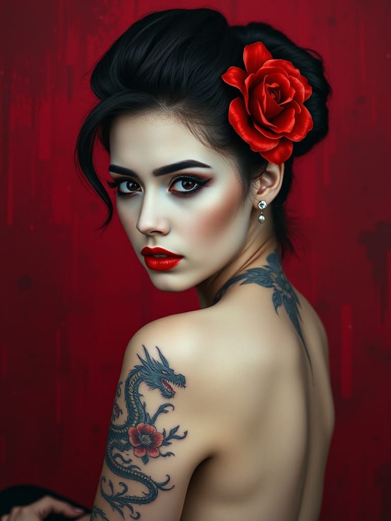 Elegant Woman with Red Flower and Glitch-Core Tattoo