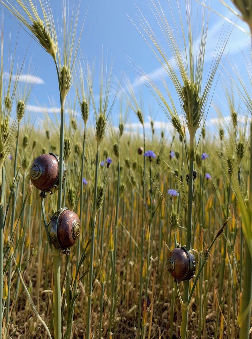 Steampunk Snails in Grain Field
