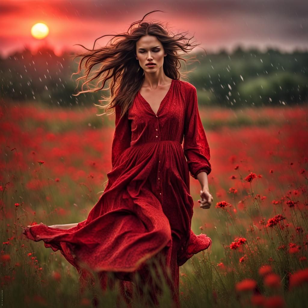 Woman in Red Meadow During Sunset
