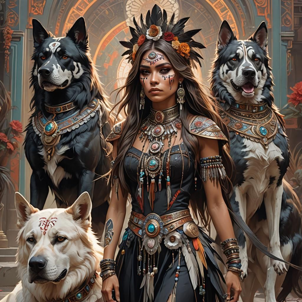 Native American Model with Dogs, Hyperdetailed Portrait