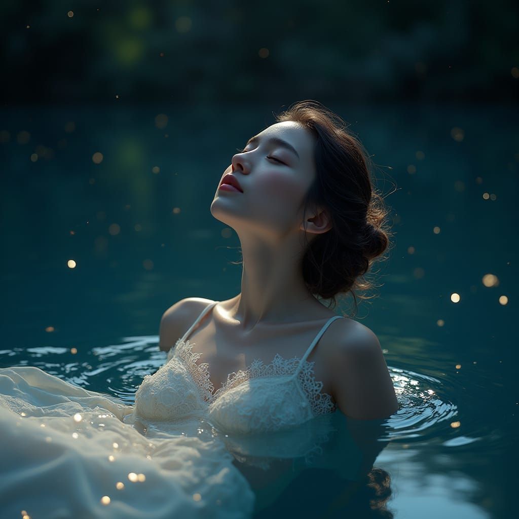 Girl Under Starlight on a Tranquil Lake in Dreamlike 8K