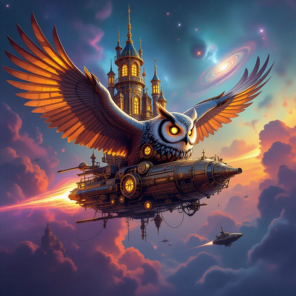 Steampunk Owl Castle Soaring Through Nebula