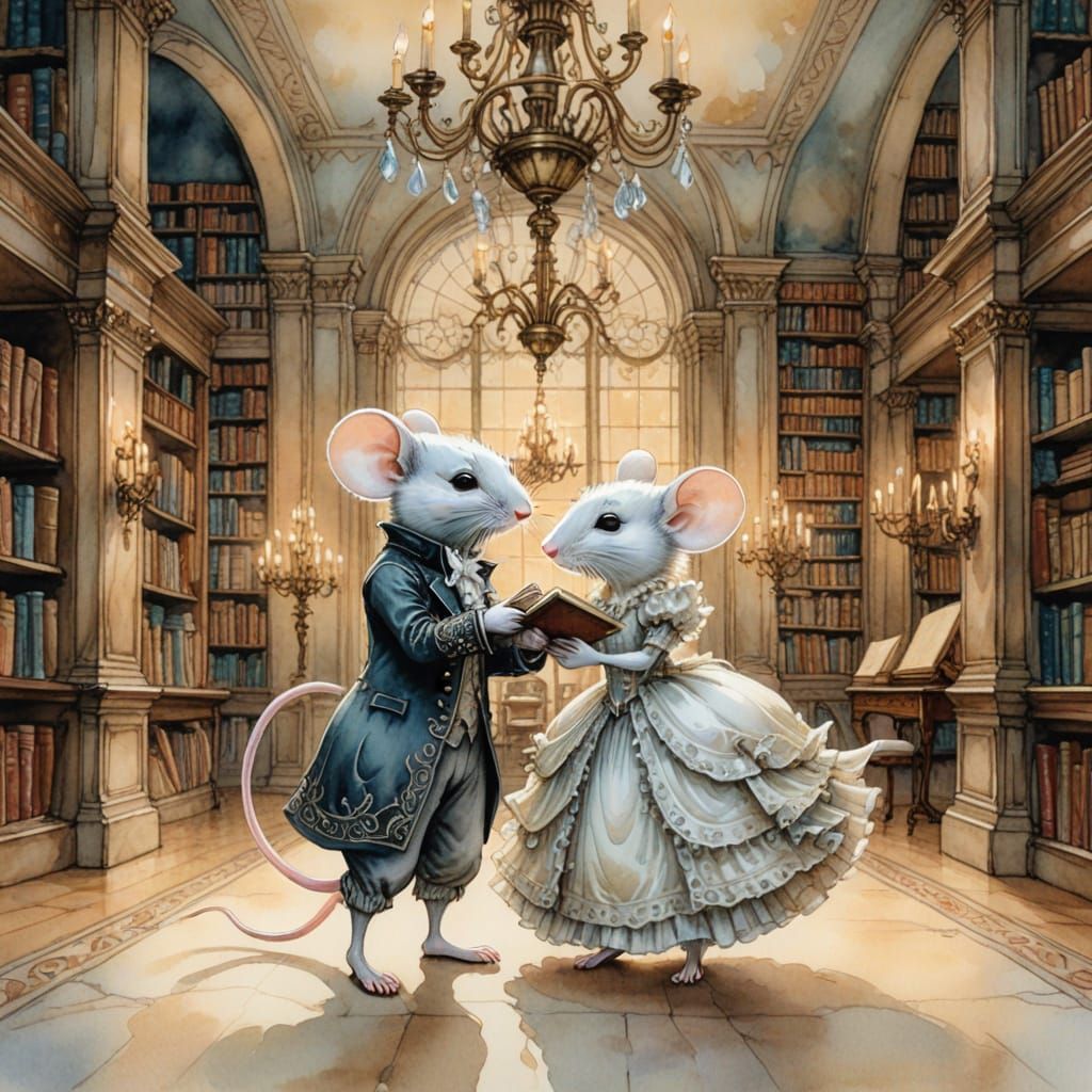 Victorian Mice Waltz in Book Ballroom, Watercolor Style