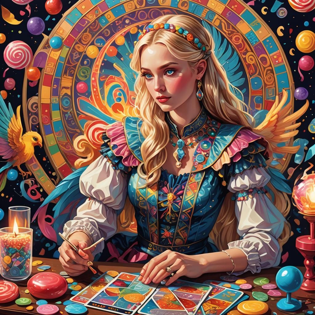 Tarot Reader with Phoenix in Candy Art Style
