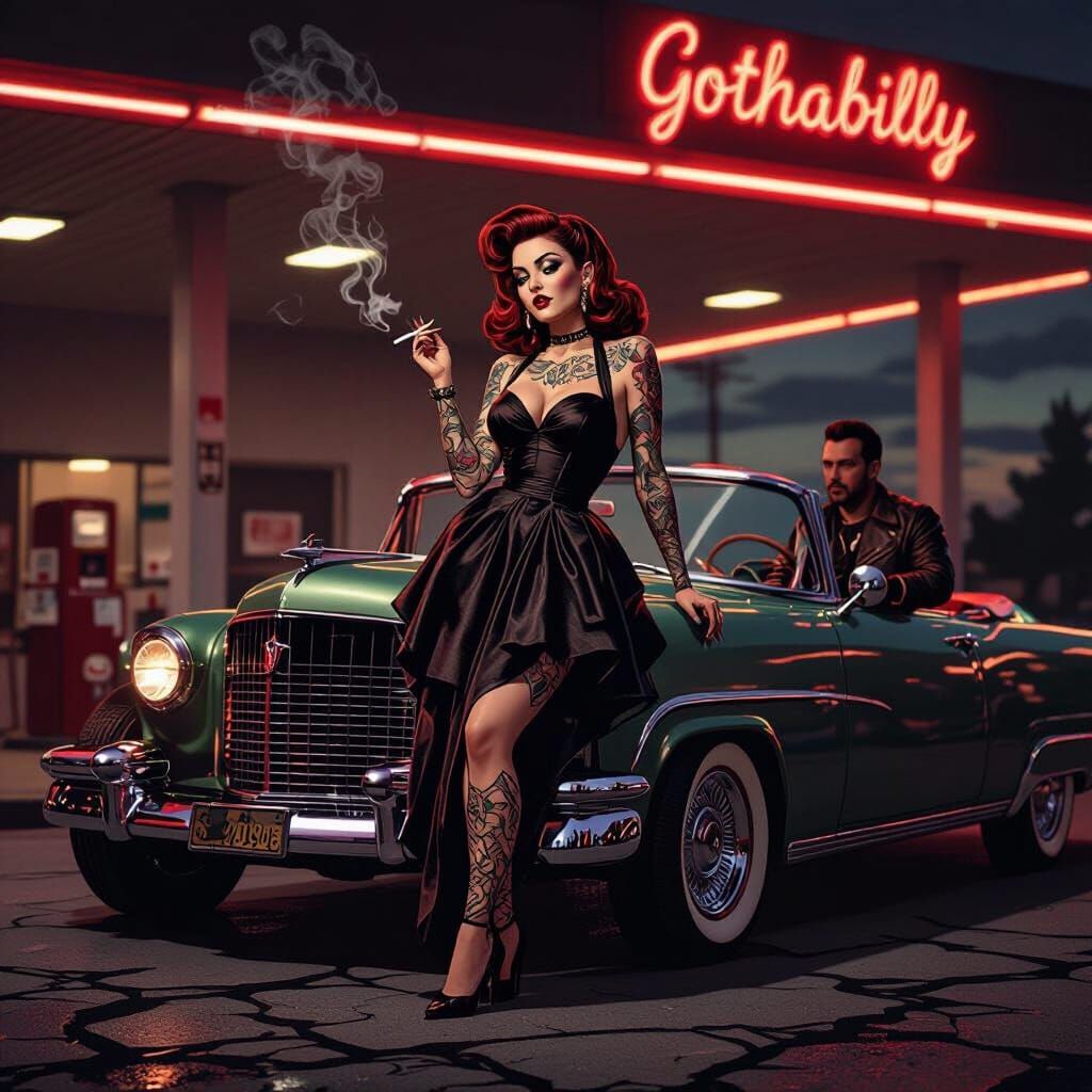 Tattooed 1950s Pin-Up Girl in Gothic Dress with Hot Rod