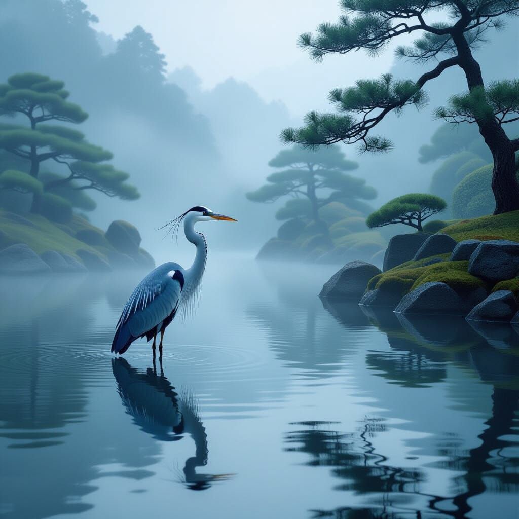 Solitary Heron in Misty Japanese Garden