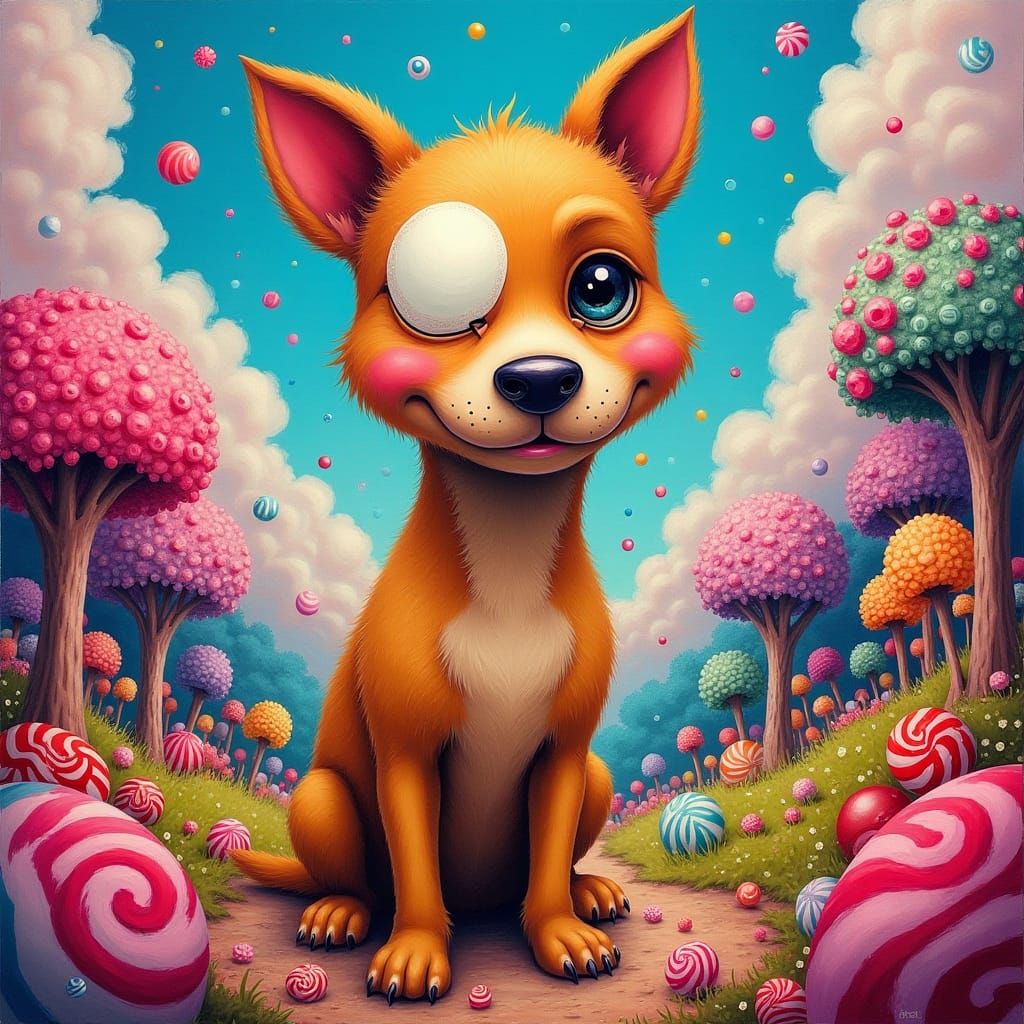 One-Eyed Dog in a Whimsical Candyland Wonderland