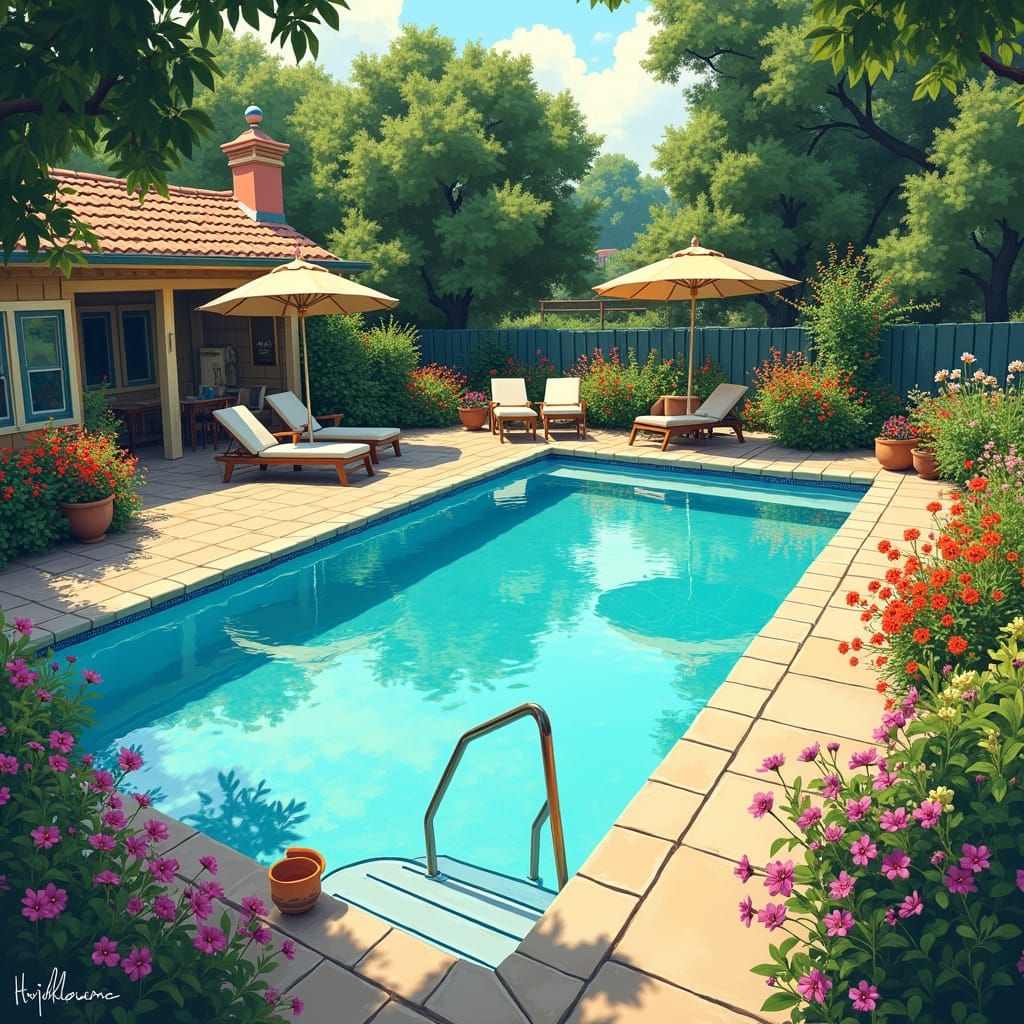 Nostalgic Summer Pool Scene in Vibrant Colors