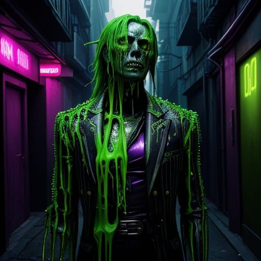 Grotesque Figure in Neon Alleyway, Surreal Digital Art